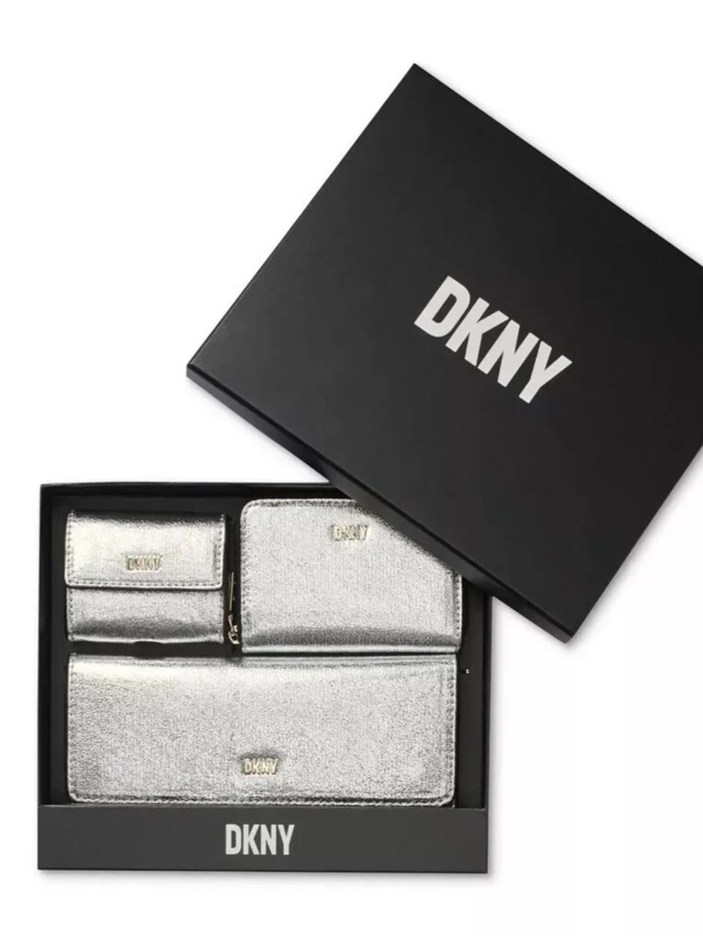 DKNY NWT Lumen 3pc Silver Wallet Accessory Set Gift Box Card Holder Earbud Case